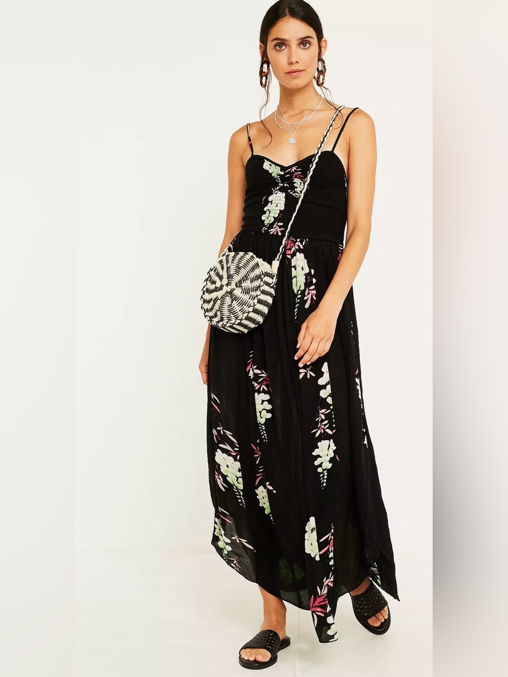 Free People Black Floral Smocked Maxi Dress with Spaghetti Straps - Picture 2 of 11